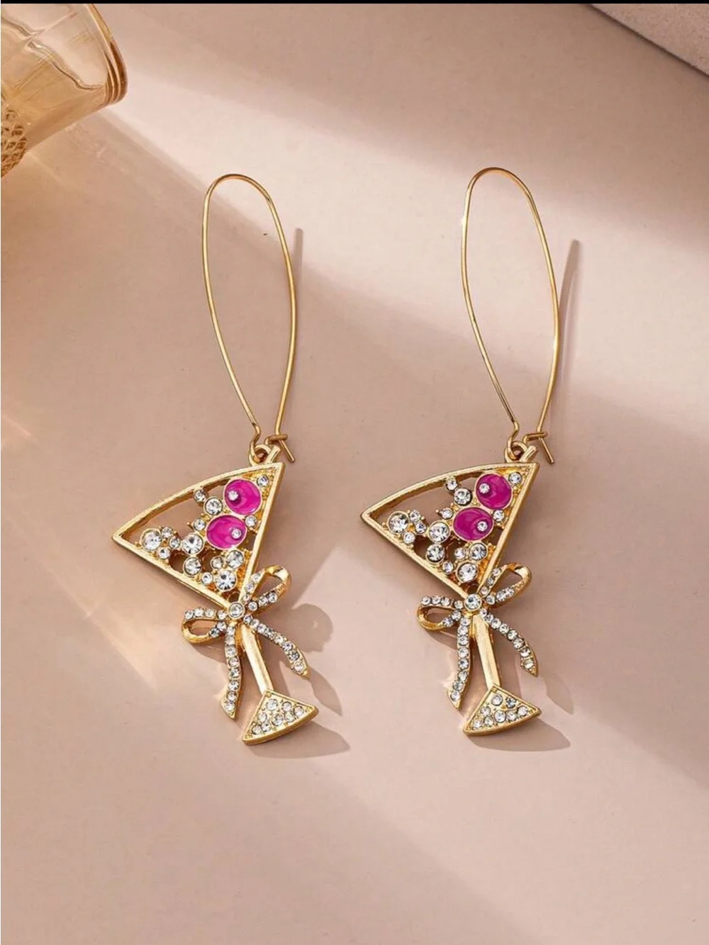 Gold Cocktail Glass Drop Earrings with Pink Accents
